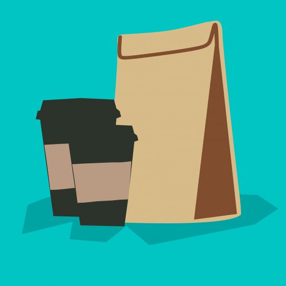 bagged breakfast and cups of coffee