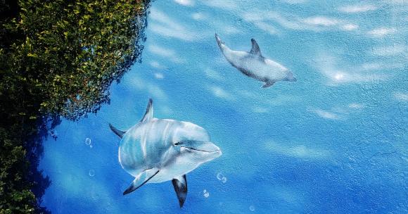 Pacific Coast Highway Dolphins Mural in vibrant colors